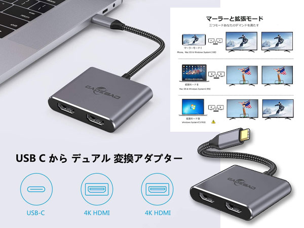 2-in-1 USB Type C デュアル HDMI ハブ USB C HDMI 変換アダプタ